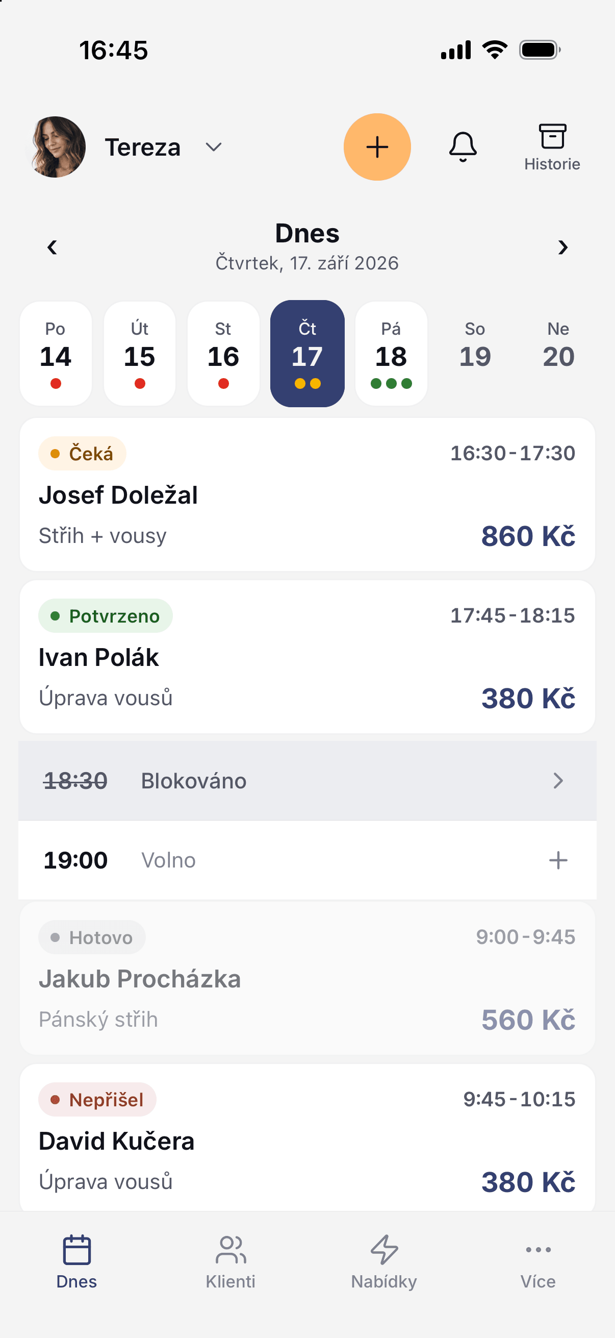 Dnešní rezervace v aplikaci Flekk v mobilu